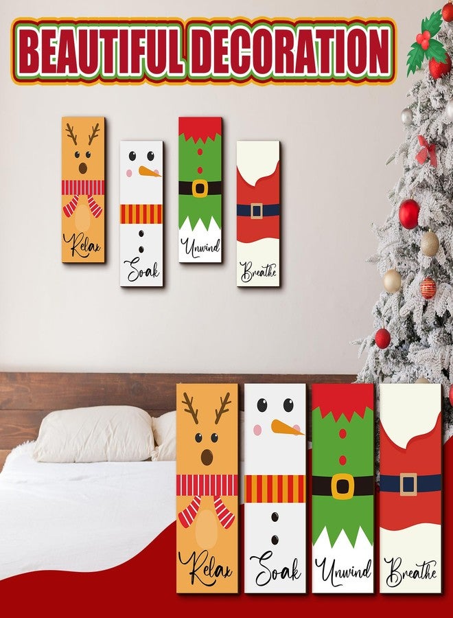 RattanView 4 Pcs Christmas Bathroom Wall Art Relax Soak Unwind Breathe Winter Wall Decor Santa Elk Farmhouse Hanging Signs Snowman Elf Wood Bath Decoration for Home, 10'' x 4'' - Image 4